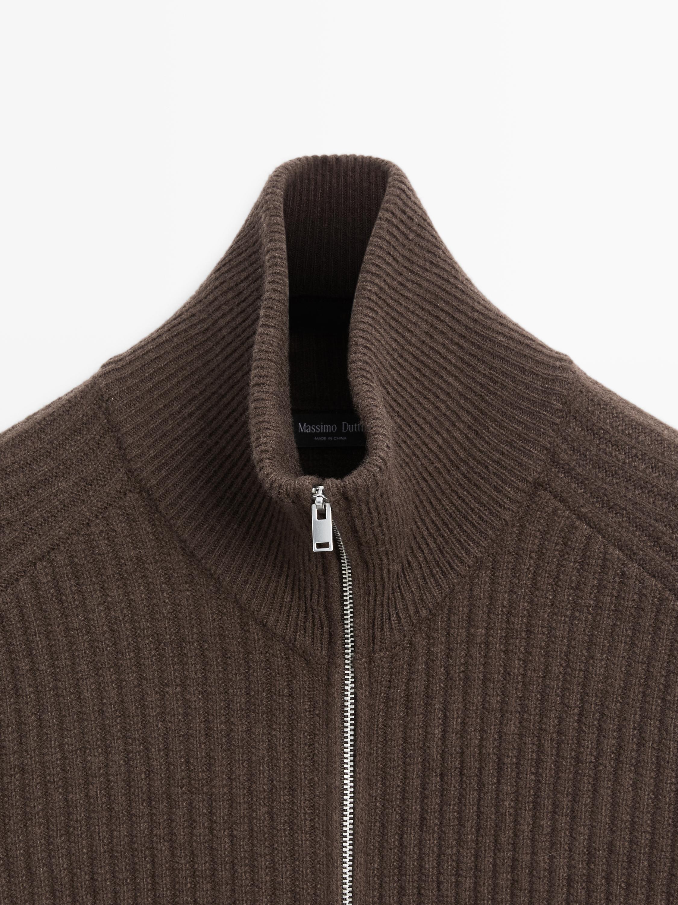 Wool blend zip-up knit cardigan